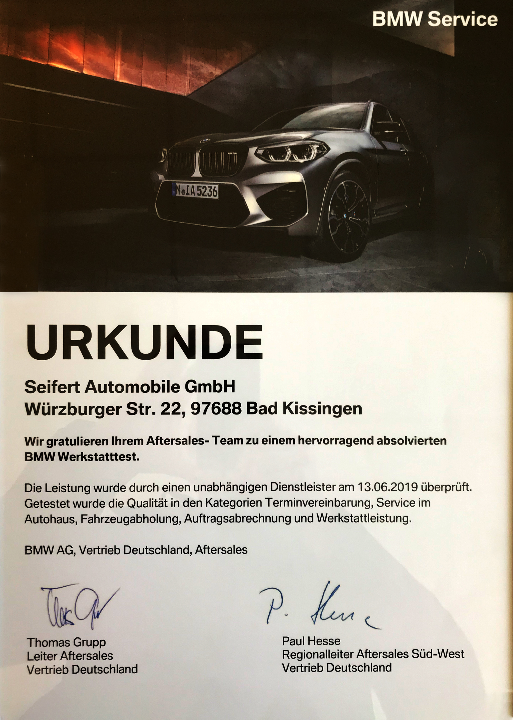 Urkunde Werkstatttest Urkunde BMW Seifert Automobile